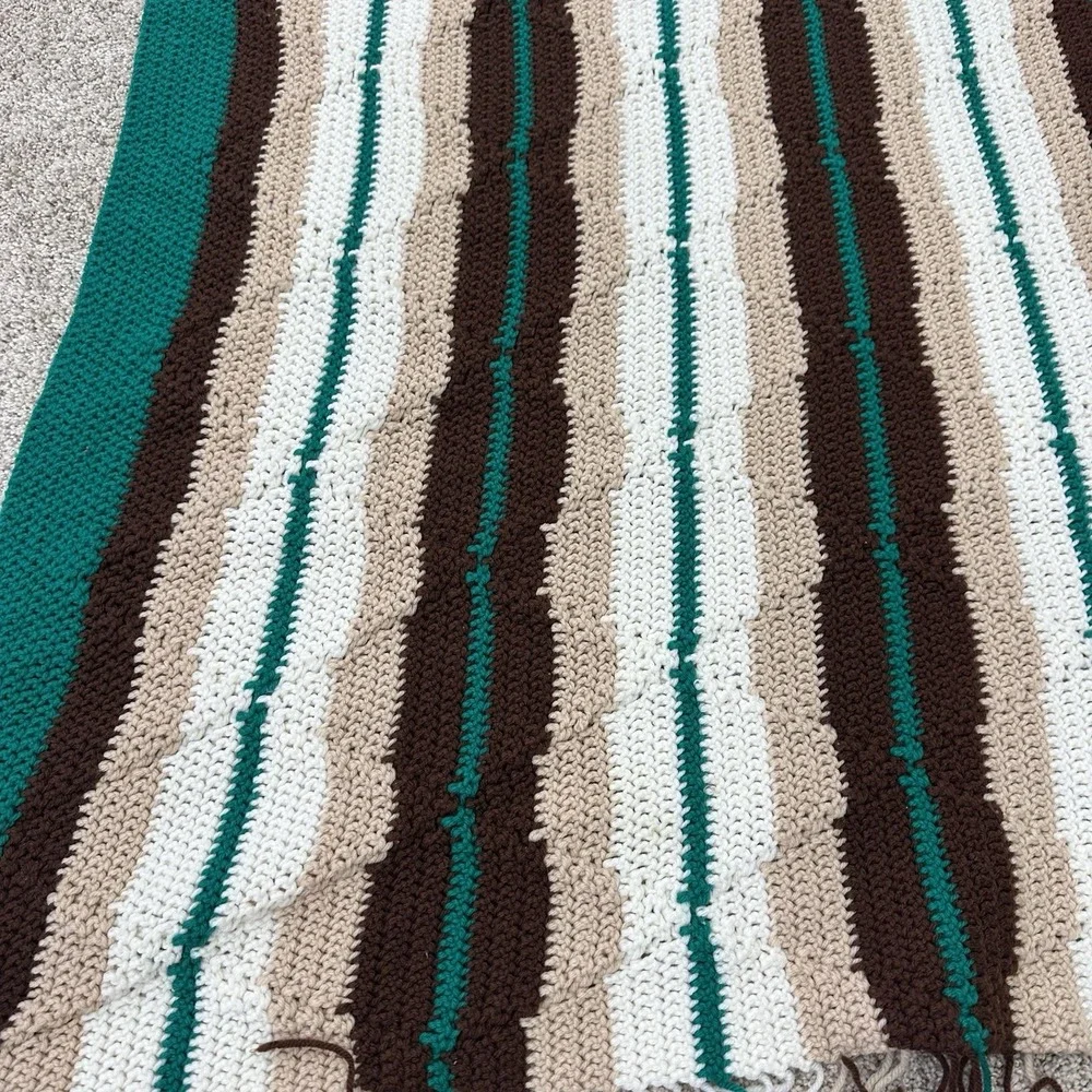 Handmade Afghan White Tan Green Brown Raised Diamond/Geometric Design Fringe 72